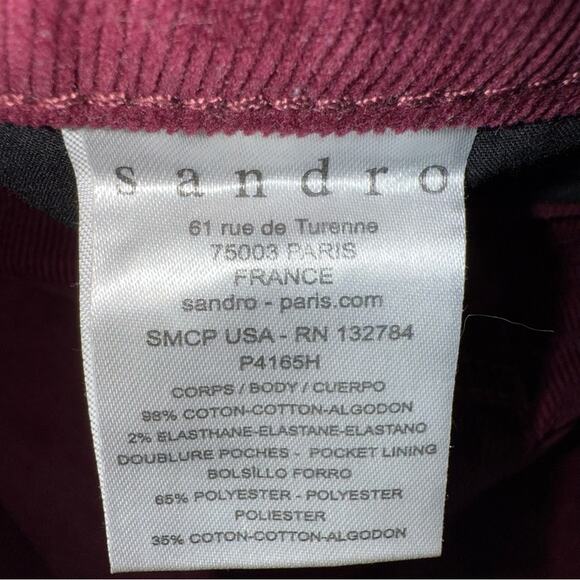 SANDRO Women's Burgundy Narrow Wale Corduroy Pants Cropped Size FR 34  US 2 - Picture 7 of 9